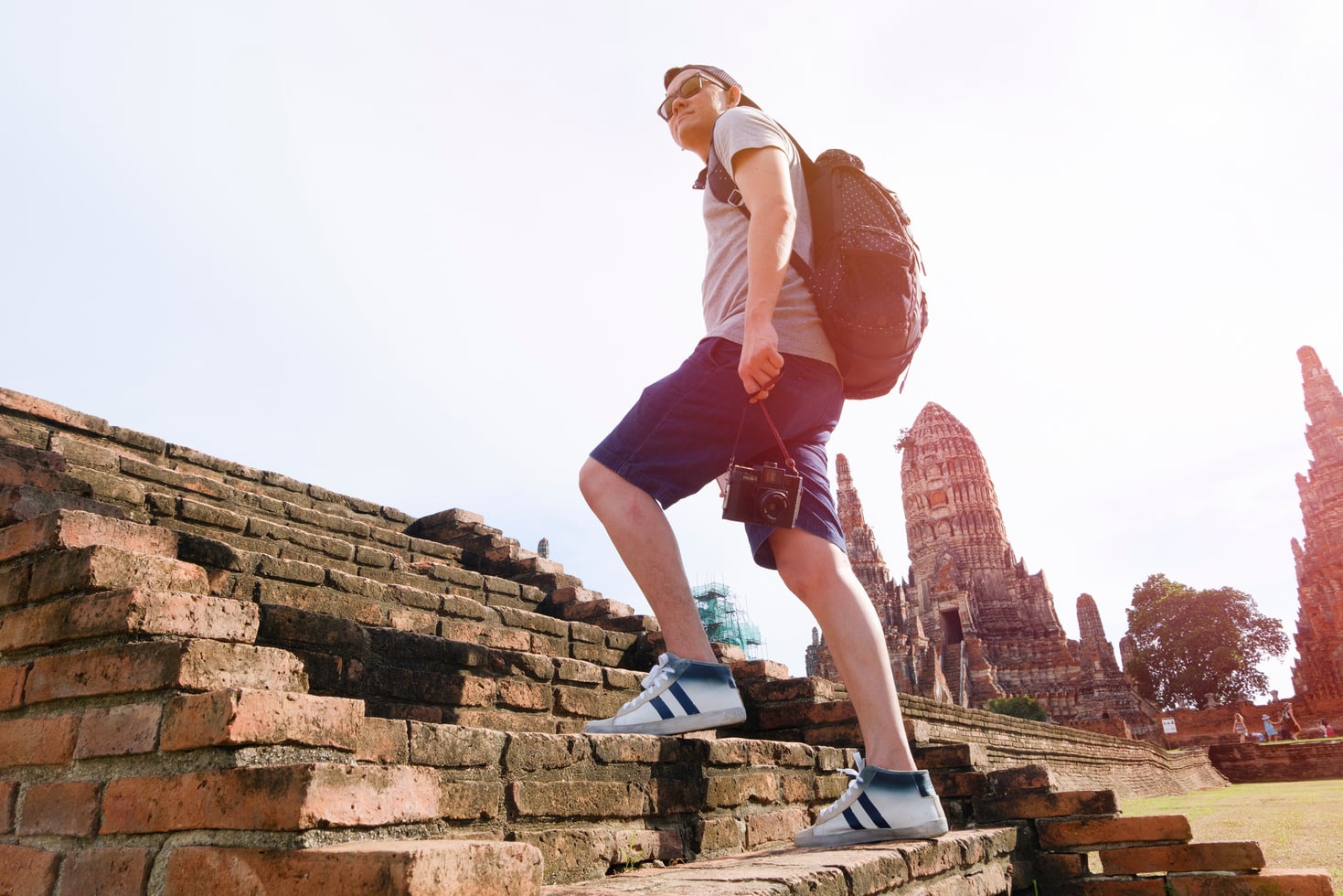 Young Man Traveler Temples  Asia with Lighting of Sunrise, Trave